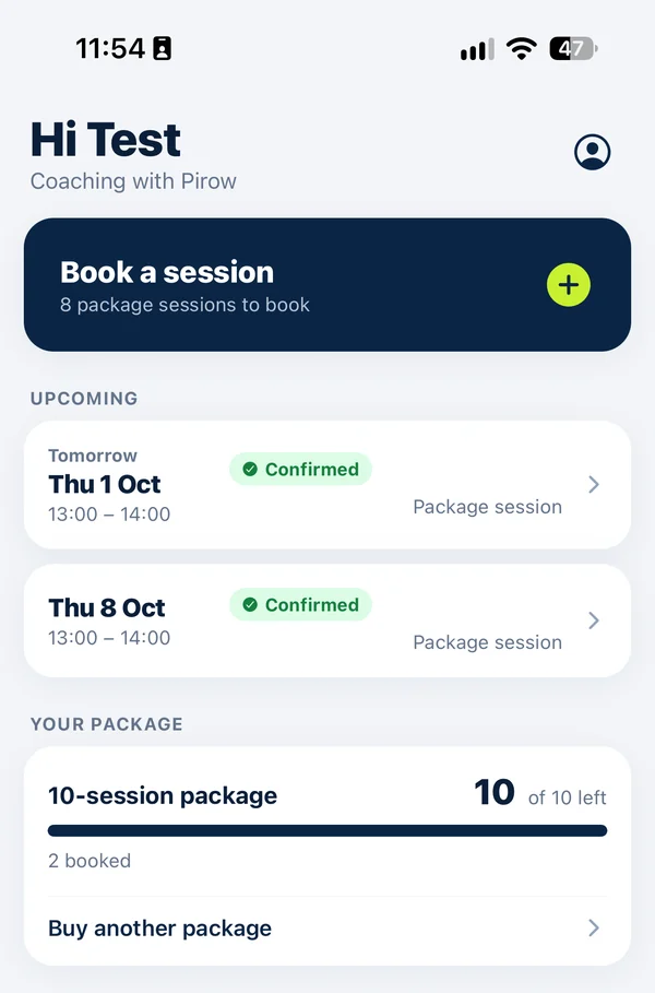 CourtSlot's home screen: a Book a session button, upcoming confirmed sessions and sessions left in a package